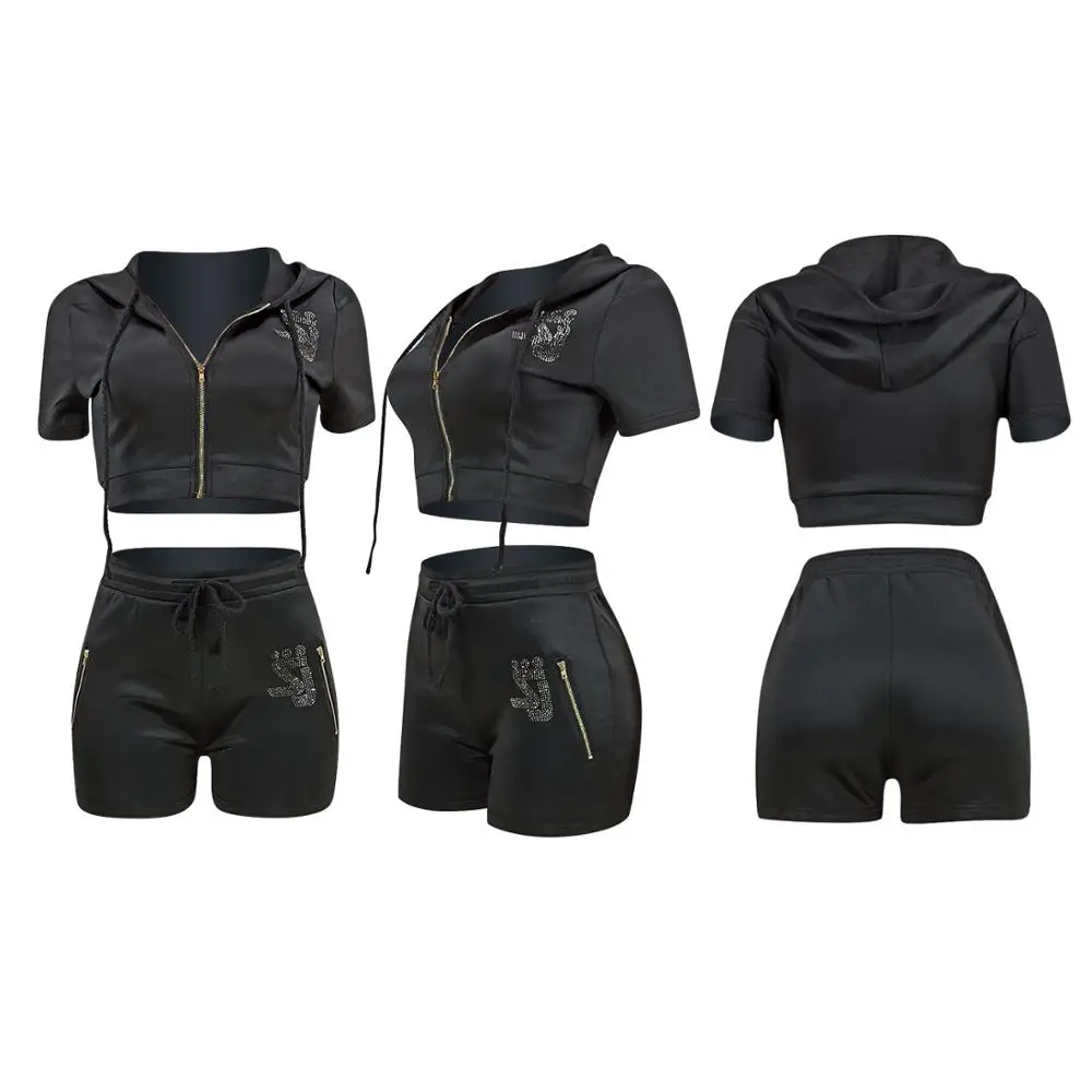 Neon Letter Diamonds Women Casual Two Piece Set Zipper Short Sleeve Hooded Sweatshirt Crop Top Shorts Female Matching Tracksuit