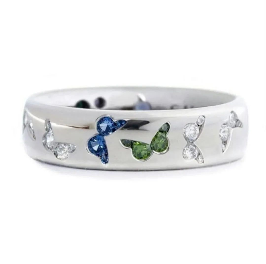 Sweet Cut Silver Colour Crystal Butterfly Anniversary Ring White Pink Gems Dainty Ring Birthday Gift Mom Girlfriend Fine Jewelry