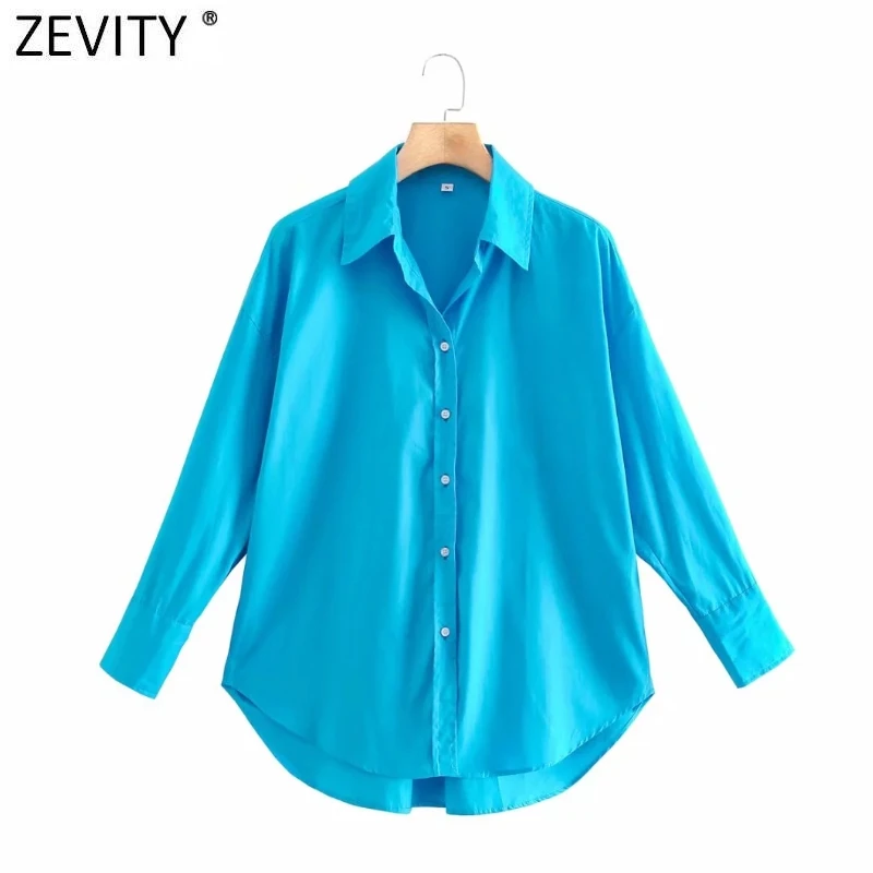 Zevity 2021 Women Simply Solid Colors Breasted Poplin Shirts Office Lady Long Sleeve Slim Blouse Roupas Chic Chemise Tops LS9541