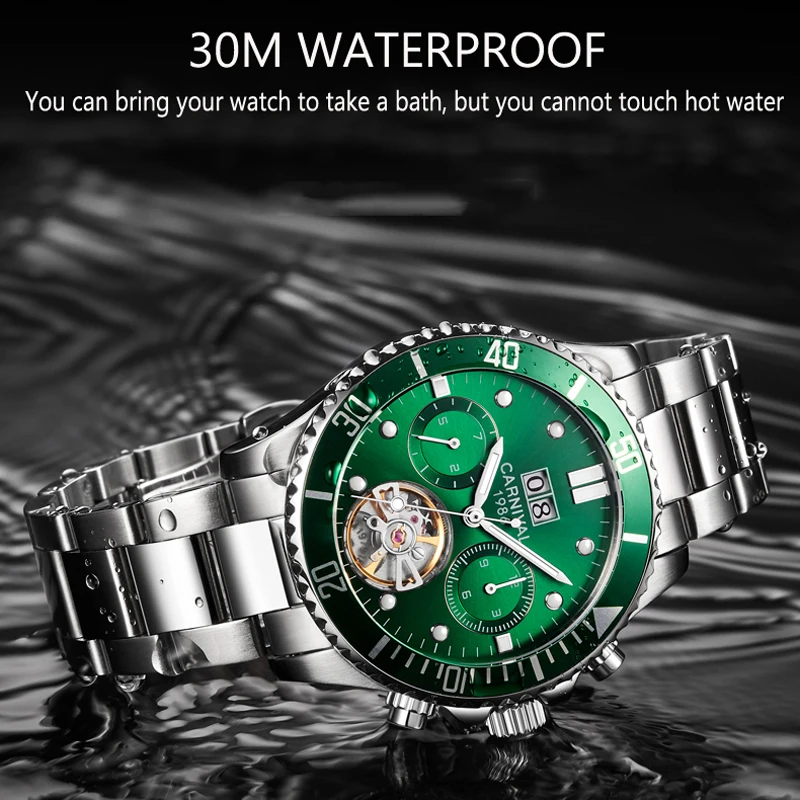 CARNIVAL Luxury Brand Tourbillon Mechanical Watch Men Green Dial 316 Steel Band Luminous Waterproof Business Automatic Watches