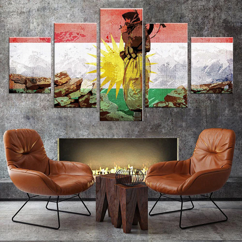 No Framed Canvas 5Pcs Kurdistan Soldier Flag Wall Art Posters Pictures Home Decor Paintings Decorations