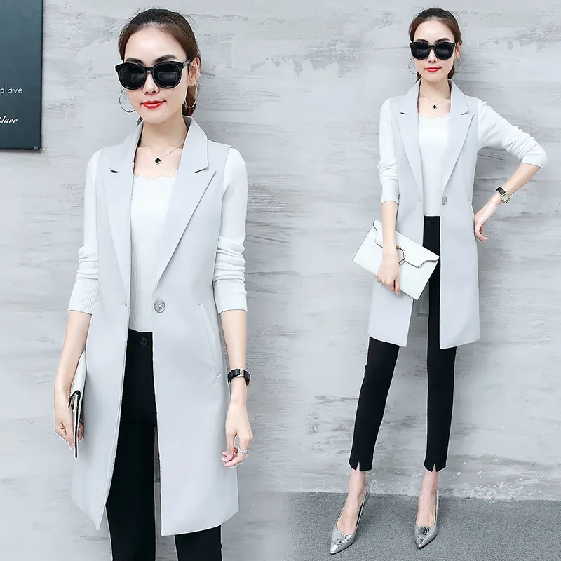 Classic Long Vest Women Elegant Suit Vest Spring Autumn Sleeveless Jackets Outerwear Office Lady Slim Waistcoat 2022