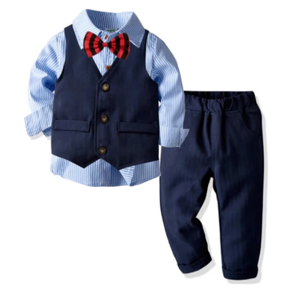 Autumn Spring Baby Boy Party Suit Gentleman Clothes Long-Sleeved Shirt Bow Tie Vest Trouser Set Wedding Dress Formal Kid Costume