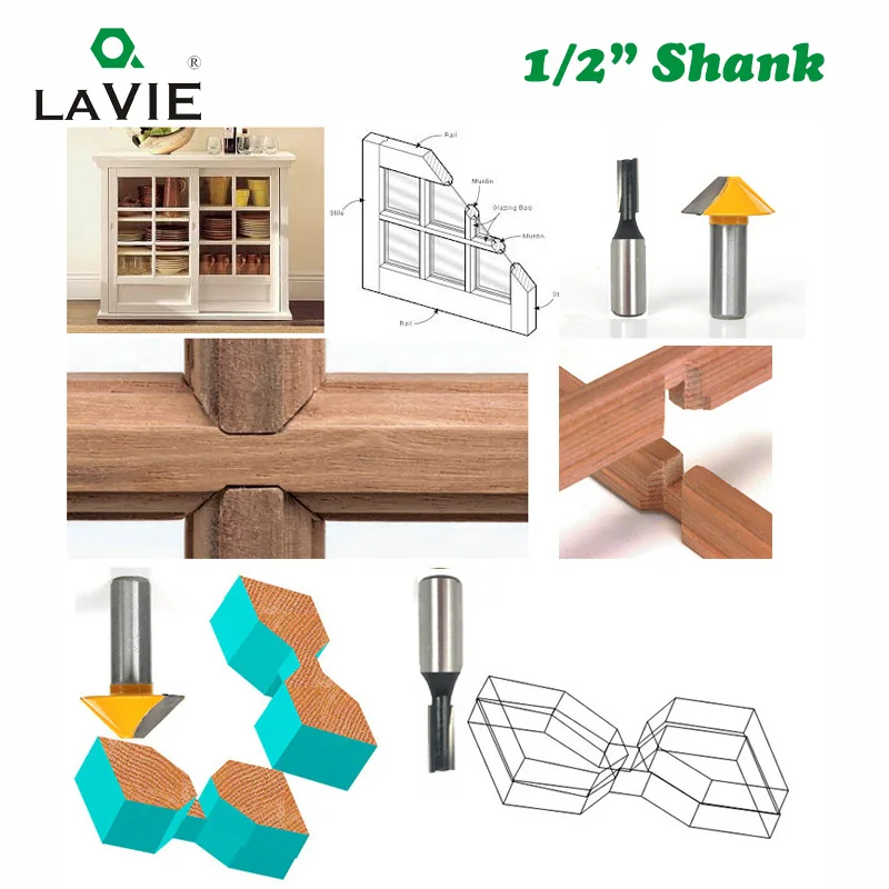 2pcs 1/2 Solid Carbide Tenon Cutting Bits Knife Flat-bottomed V Shape Milling Cutters Router Bit for Wood Door Window