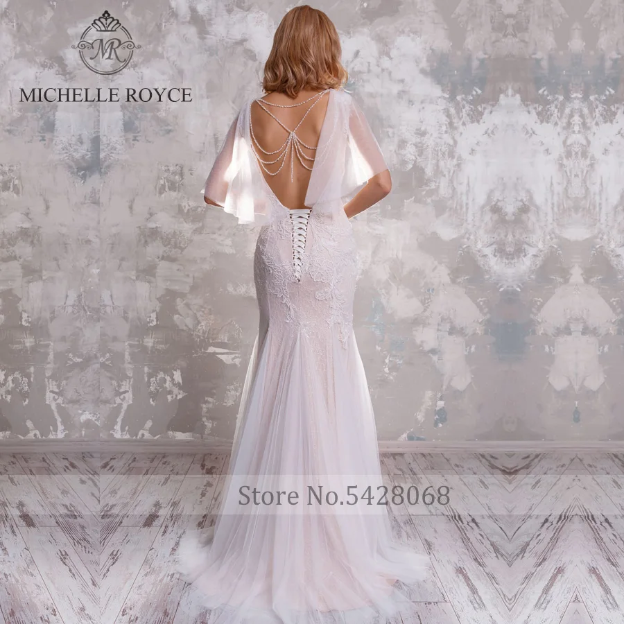 Michella Royce abiti da sposa a sirena 2020 senza maniche Scoop Illusion Backlesst Button Sweep Train abiti da sposa Vestido De Novia