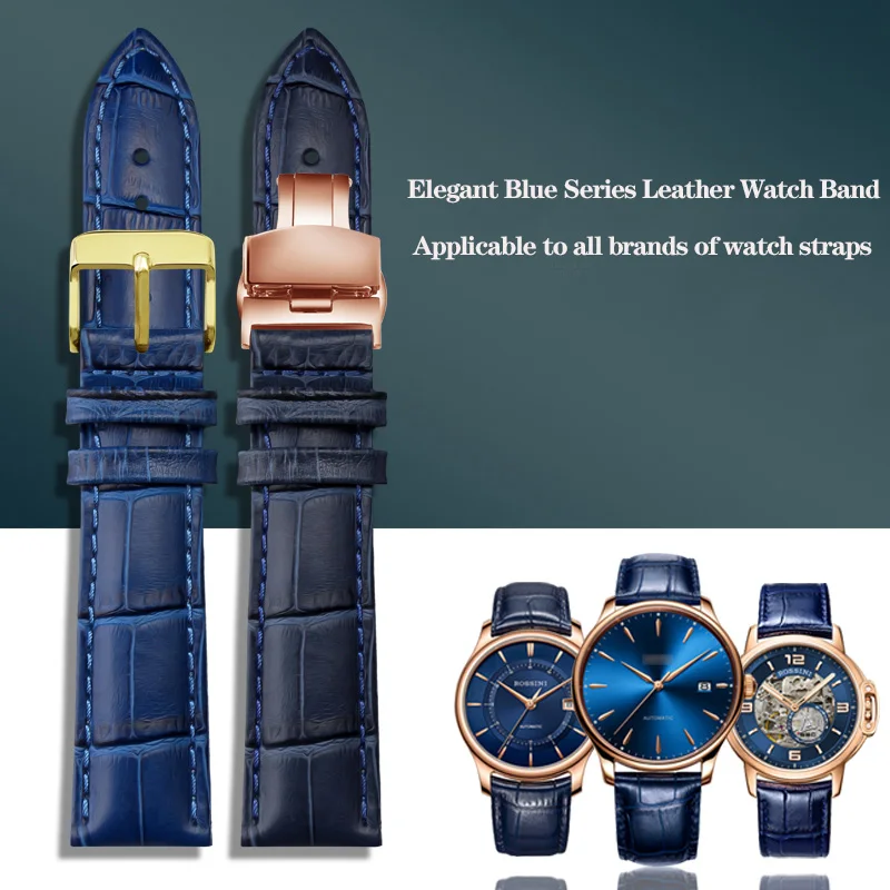 Leather Watchband Black Blue Cowhide Strap Butterfly Buckle Fits All Brands of Watches Men Women 12/14/15/16/18/19/20/22/23mm