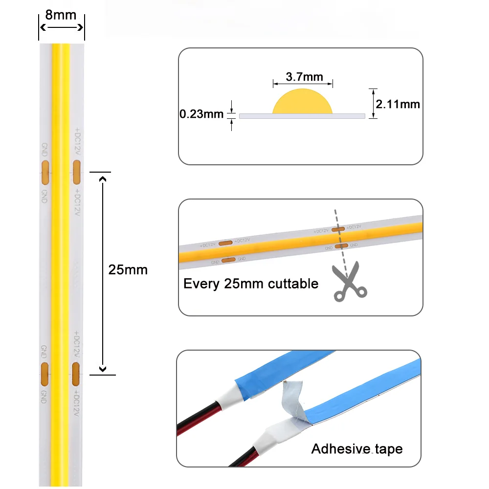 DIY LED U-Home High CRI Ra 90+ DC12V DC24V 8mm 480leds/M Flexible COB LED Streifen Licht Linear Ultra Helle Warme Natur Reines Weiß – Detail 11