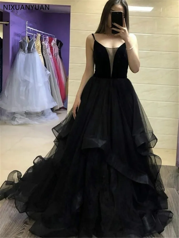 Vestido de noiva preto, vestido de noiva com babados e alças, de tule