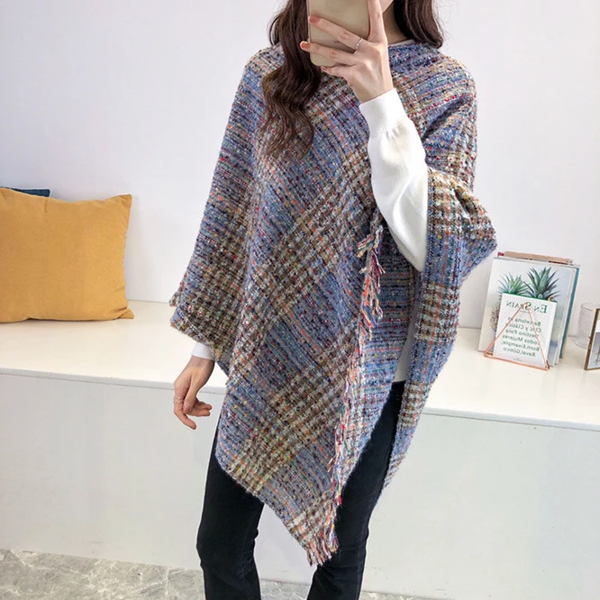 

Spring Autumn New Female Shawl Tassel Knitted Women Cloak Blouse Pullover Cloak Stripe Loose Girl Sweater Coat