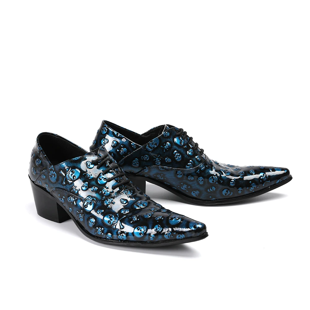 High Heels Men Formal Shoes Skull Genuine Leather Lace Up For Men Pointed Toe Dress Office Oxford Shoes Zapatilla Hombre