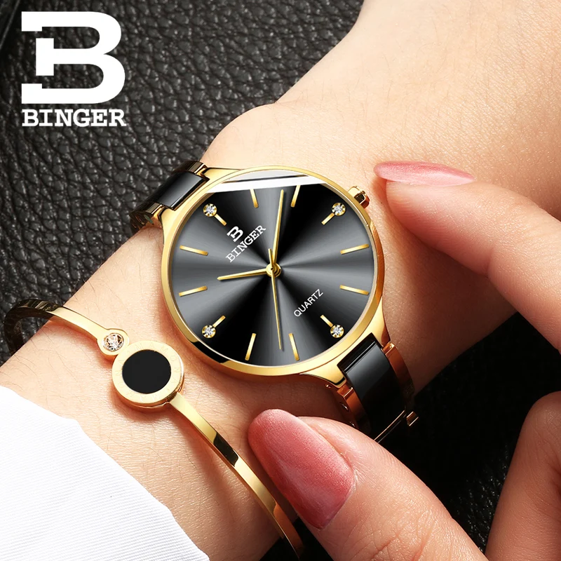 Reloj Mujer Switzerland Binger Japan Movement Quartz Watch for Women Sapphire Ceramic Band Waterproof Ladies Watch Gift Bracelet