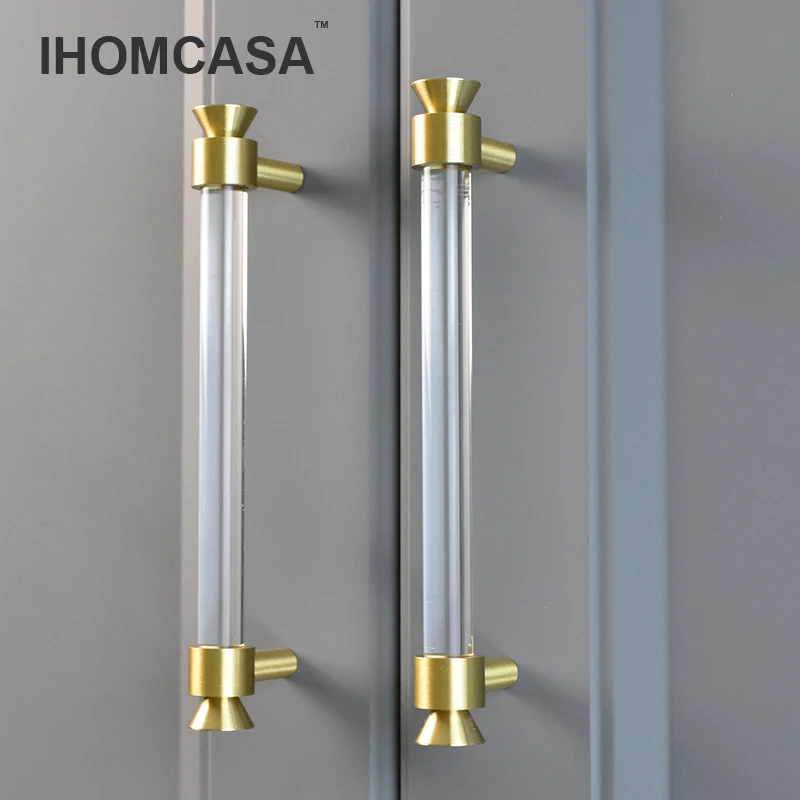 IHOMCASA  Gold Brass T-Bar Furniture Handles Bathroom Dresser Cupboard Drawer Door Knobs Kitchen Cabinet Pulls Acrylic Crystal