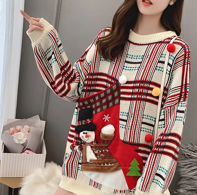 Winter Ugly Christmas Sweaters Pullover Women Jumper  Knitted Lovers Red Sweater Long Sleeve O-neck Snowman Top