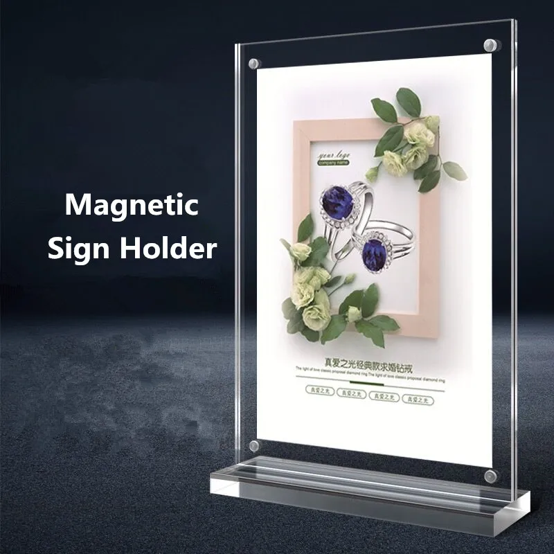 A4 T shape Double Side Magnetic Acrylic Sign Card Holder Display Stand Menu Paper Stands Frame For Tables Restaurants Sign Board