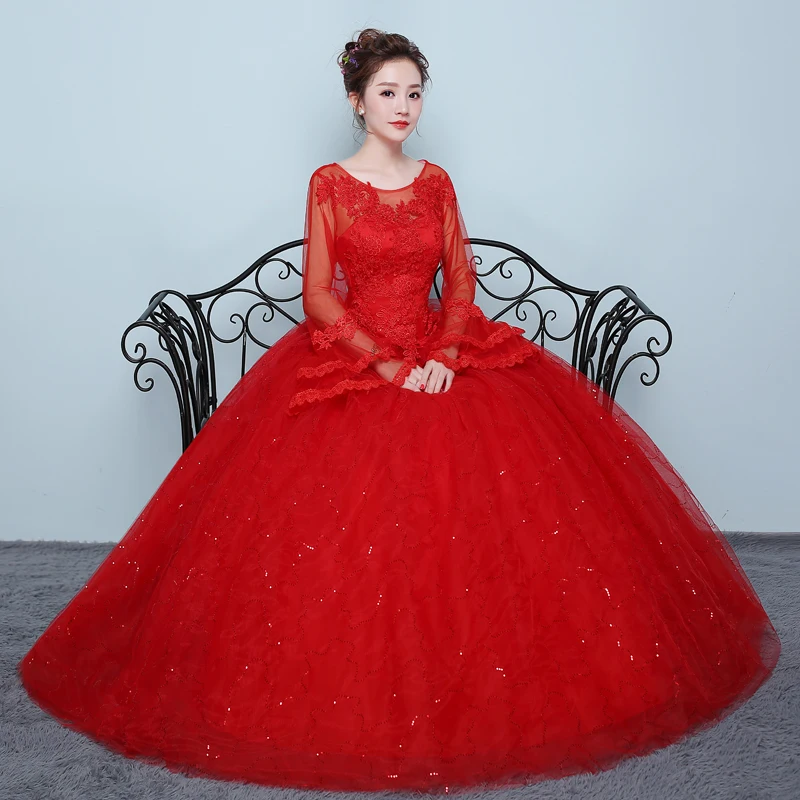 AnXin SH princess red Lace party vintage o neck beading crystal flower long flare sleeve white lace up customized wedding dress