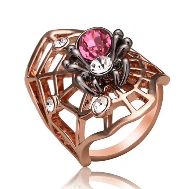 Ajojewel Exaggerated Cobweb Spider Rings For Women Rose Red Crystal Animal Jewelry