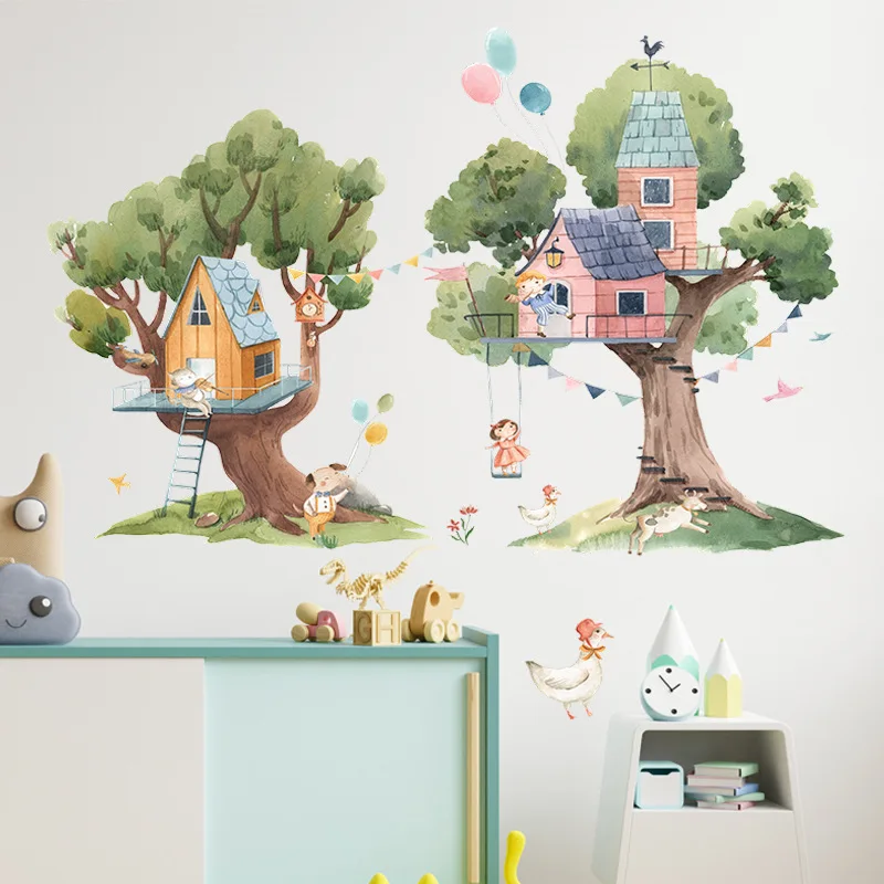 Painted Cartoon Animals Children Trees House Wallpaper Living Room Bedroom Porch Home Decoration Wall Stickers Self-Adhesive image 2