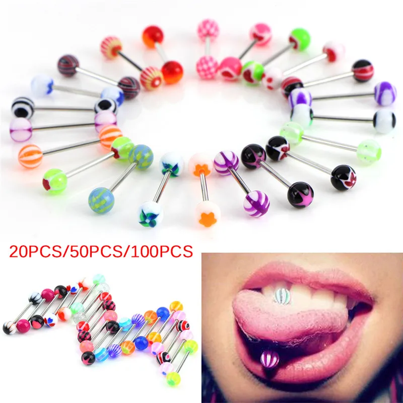 20/50/100pcs/Lot Mixed Colors Fashion Tongue Tounge Rings Bars Barbell Tongue Piercing Body Jewelry  Body Accessories