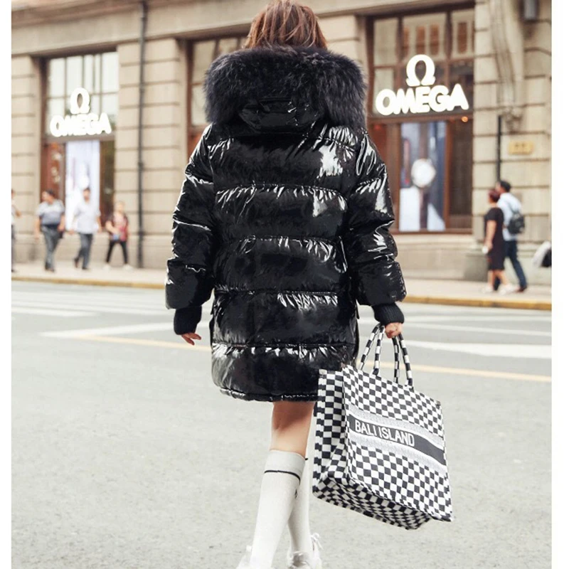 Big Fur Patent Leather Winter Jacket Women Thicken Long Down Parka Hooded Female Duck Down Waterproof Coat