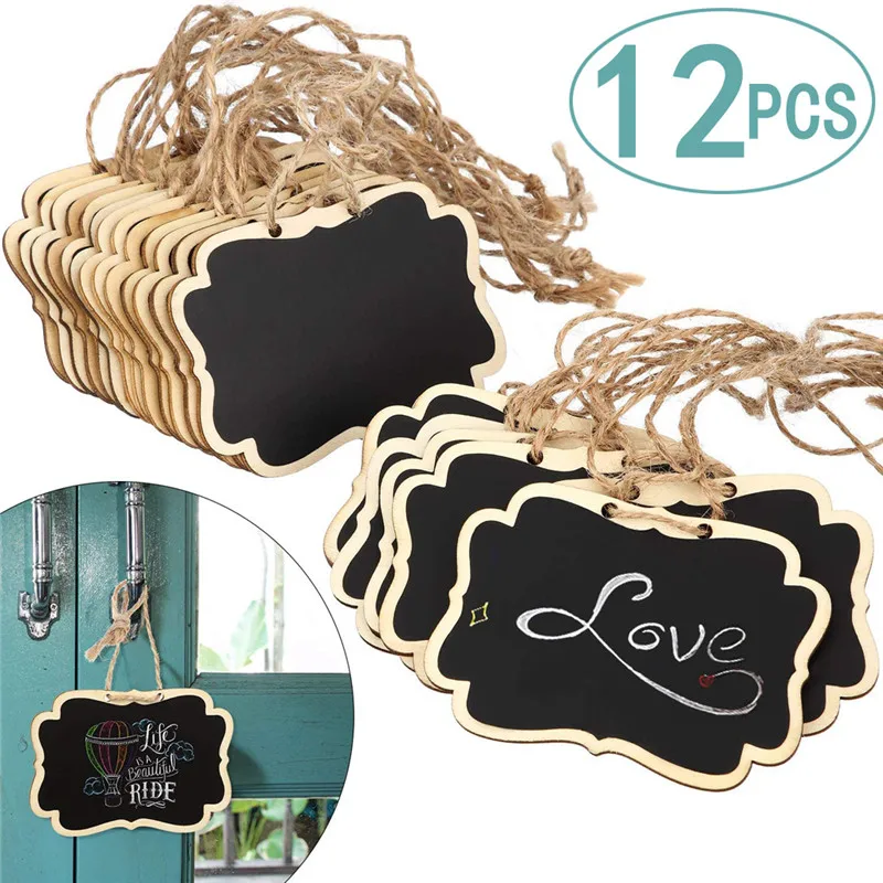 12PCS Mini Chalkboards รูปสี่เหลี่ยมผืนผ้าแขวนกระดานดำสองด้าน Chalkboard งานแต่งงานข้อความหมายเหตุ Board Пробковая Доска