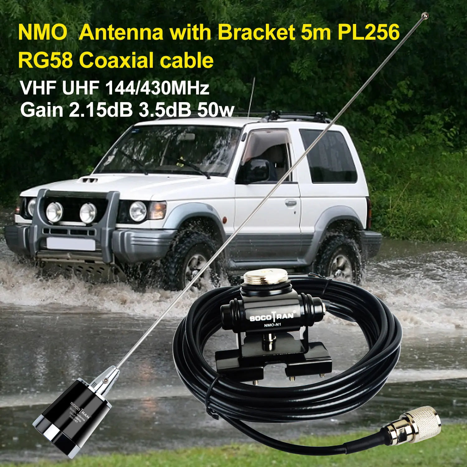 SOCOTRAN NMO-N1 144/430MHz Dual Band VHF/UHF 3.5dB NMO Mobile Anenna with Bracket 5m Coaxial cable PL259 RG58 for Mobile Radio