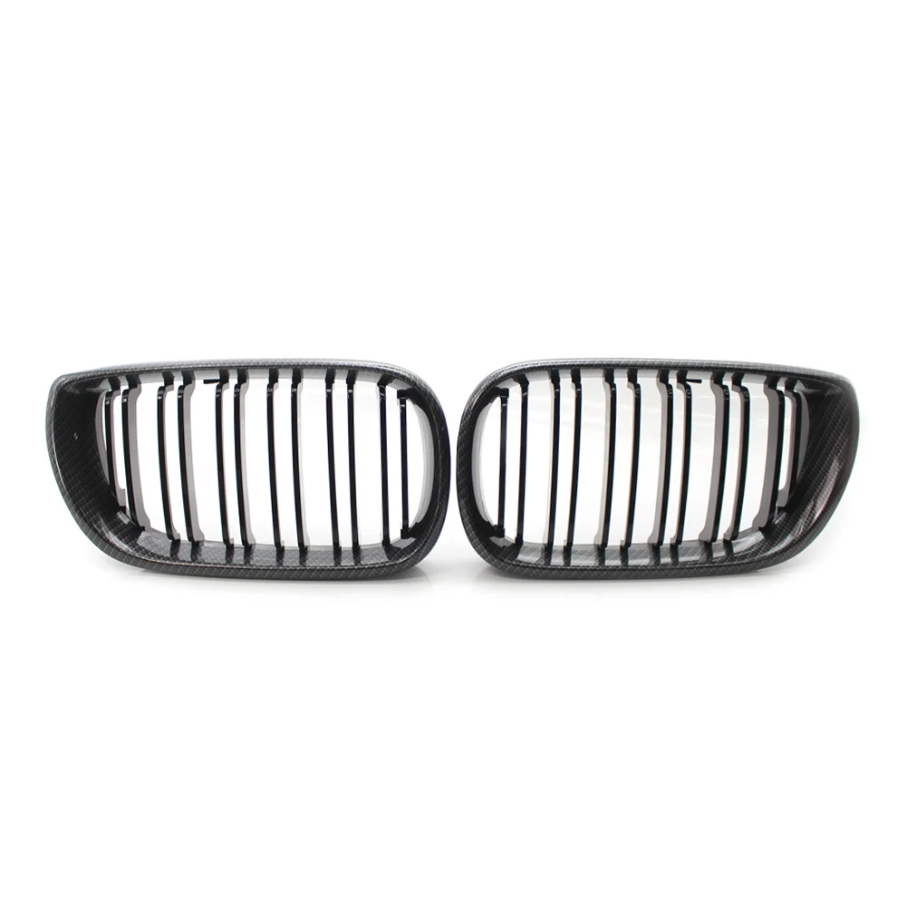 2x Car Double Slat Front Kidney Grille Carbon Fiber Black For BMW E46 Sedan 2002 2003 2004 2005