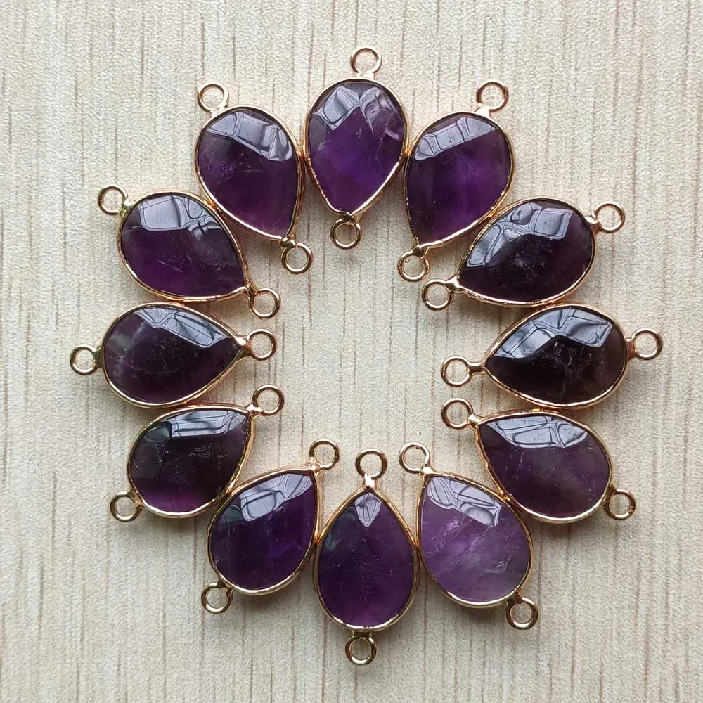 

Natural amethysts stone section drop shape gold color Connector pendants for bracelets making wholesale 12pcs/lot free shipping