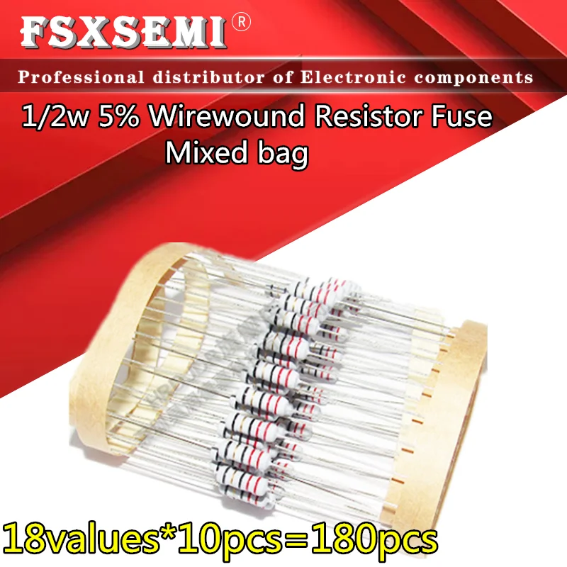 

18values*10pcs=180pcs 1/2w 5% Wirewound Fuse Resistor Mixed bag 0.33R~39R resistors Kit