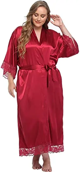 Womens Nightdress Sexy Long LaceLingerie Bath Robe Gown Imitation Ice Silk Nightdress Solid Color Nightgown Nightwear