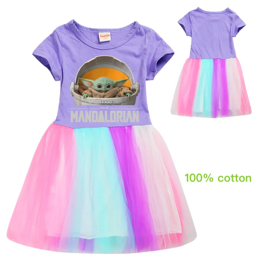 Dresses for Teenage Girls Baby Yoda The Mandalorian Yoda Kids Fashion Lace Rainbow Dress O Neck Princess Christmas Dress Girl