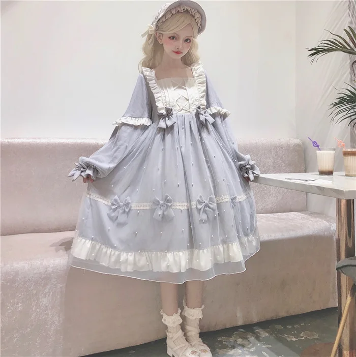 Ngọt Ngào Công Chúa Lolita ĐẦM Vintage Falbala Nơ Tay Phồng Cao Cấp Victoria Đầm Kawaii Cô Gái Gothic Lolita Op Loli