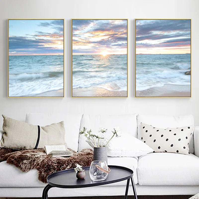 

Blue Sea Waves Landscape Sunrise Coastal Canvas Painting Posters and Prints Canvas Wall Art Pictures Wall Decor for Living Room