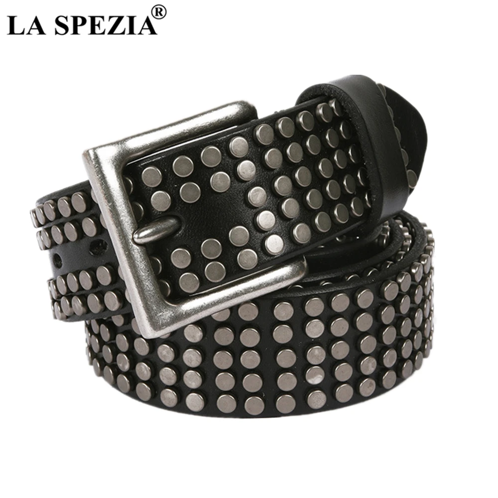 LA SPEZIA Rock skórzane pasy mężczyźni kobiety Punk nit oryginalna skóra bydlęca klamra czarny Cofee biały Steampunk akcesoria