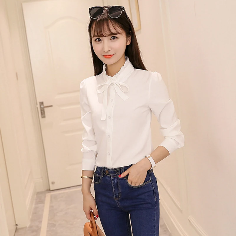 

2021 Spring Women Tops And Blouses Elegant Office Ladies Shirt Slim Long Sleeved White Shirt Plus Size S-5XL L4621