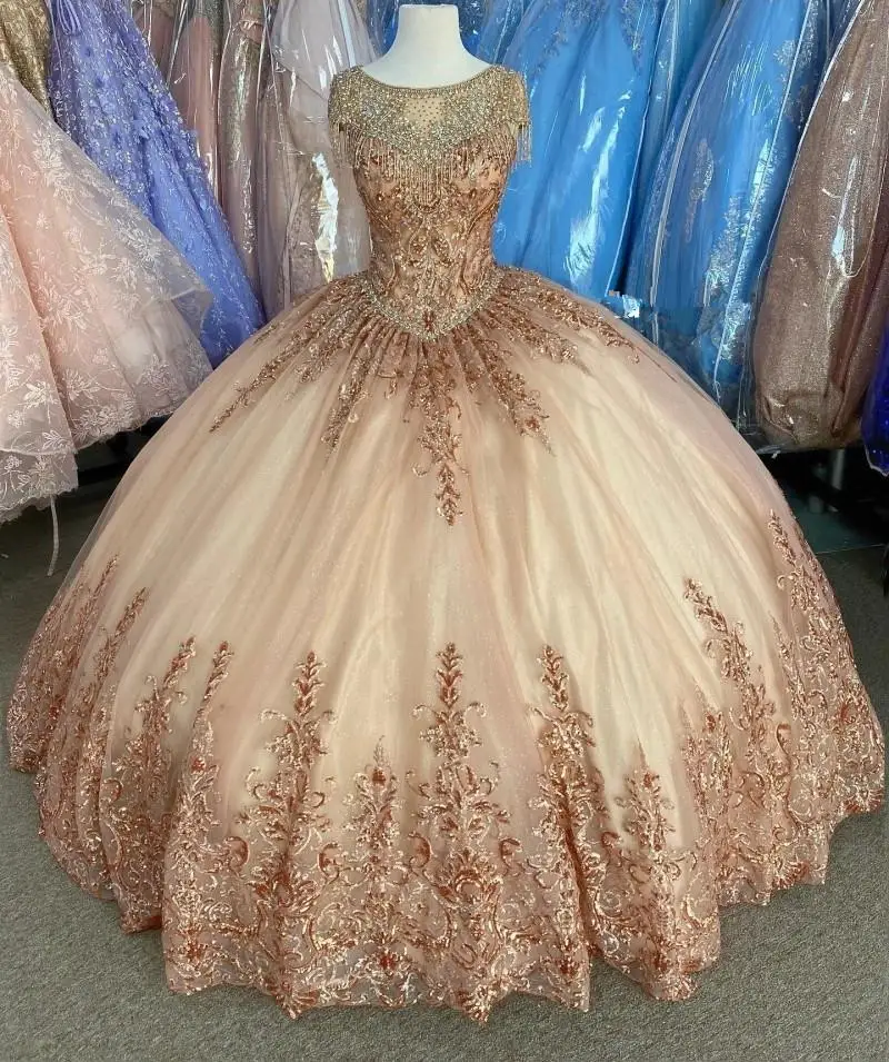 Rosa de ouro vestidos 15 años 2021 quinceanera vestidos colher pescoço borla frisado applique buraco da fechadura volta bola doce 16 vestidos baile baile