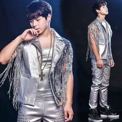 Silver Jazz Dance Costume Sequin Stage Wear For Nightclub Men Singers Tassel DJ DS Hip Hop Gogo Performance Clothing outfits