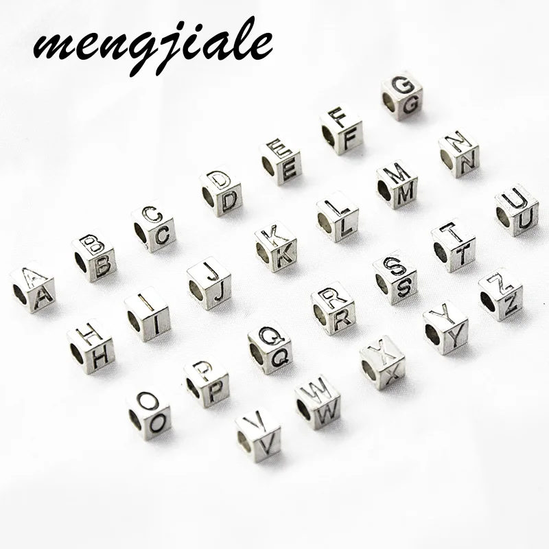 26pcs Wholesale 5mm Hole Antique Silver A-Z Letter Square Alphabet Beads  For DIY Handmade Bracelet Jewelry Accessories Making