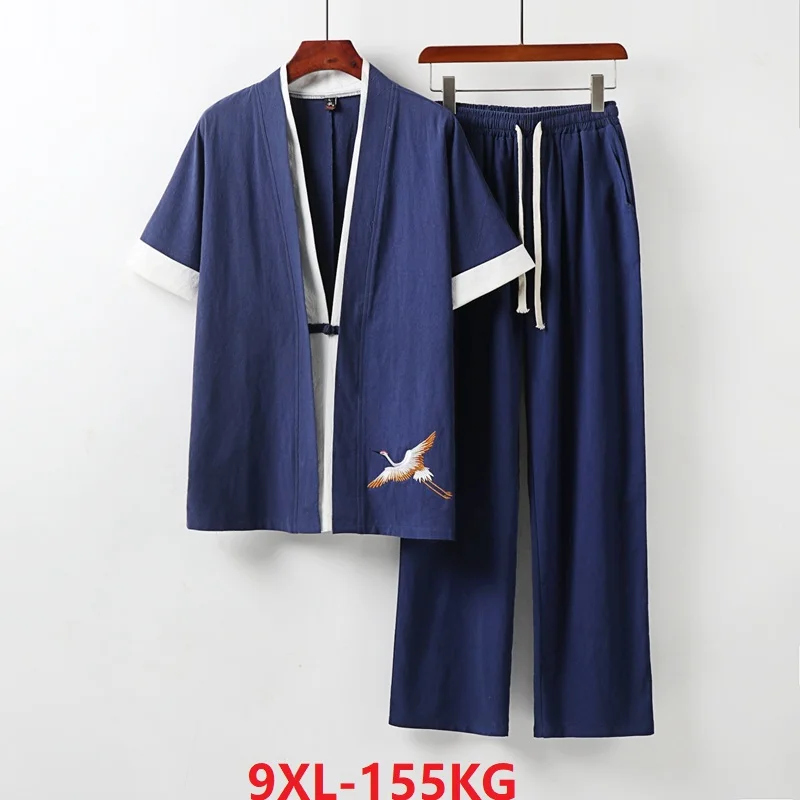 

high quality summer Chinese style Short Sleeve shirts and pants Men linen plus size Tang suit vintage oversize shirts embroidery