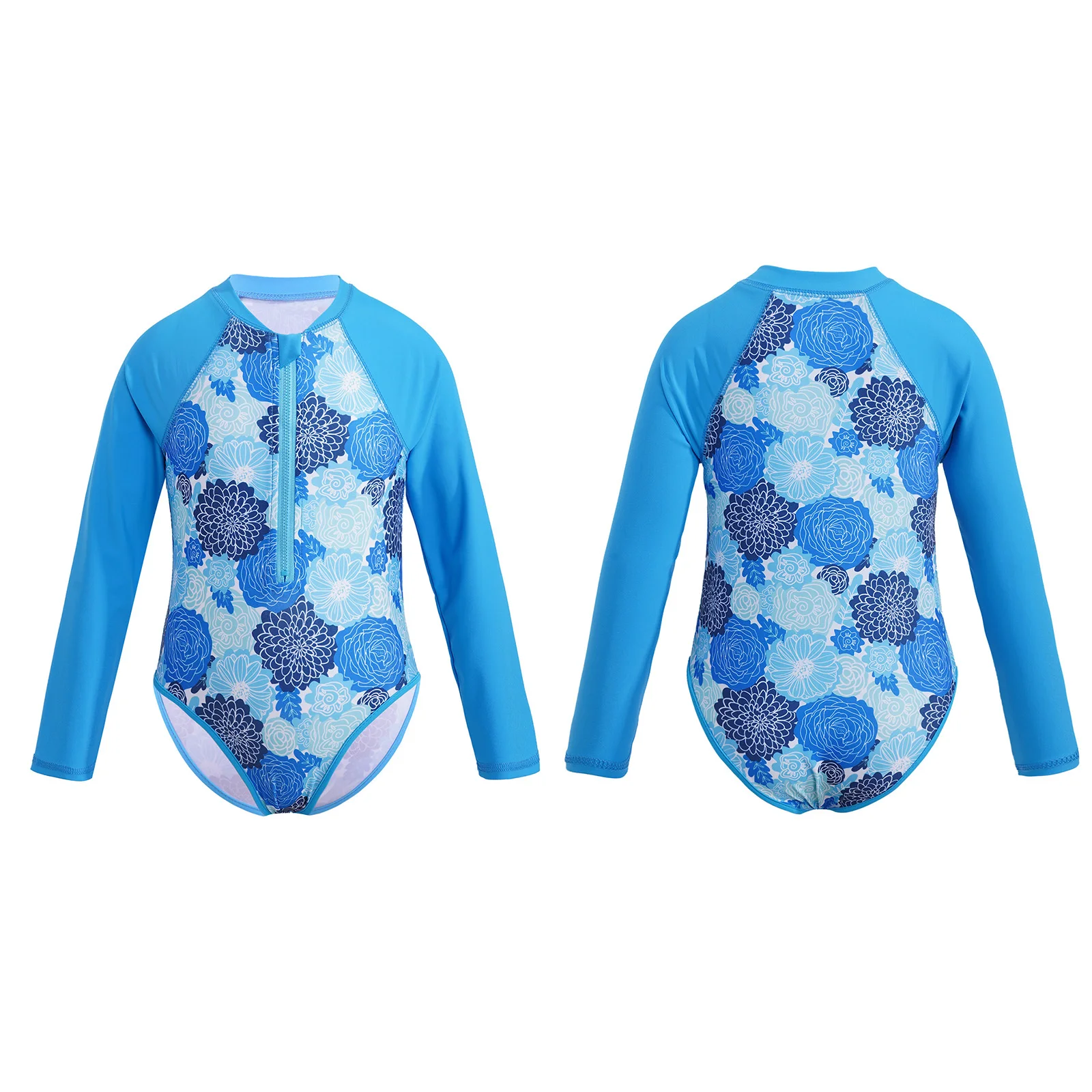 Kids Girls Swimwear One-piece Bodysuit Gymnastics Leotard Long Sleeves Palm Printed Zippered Swimsuit Bathing Suit Rash Guard