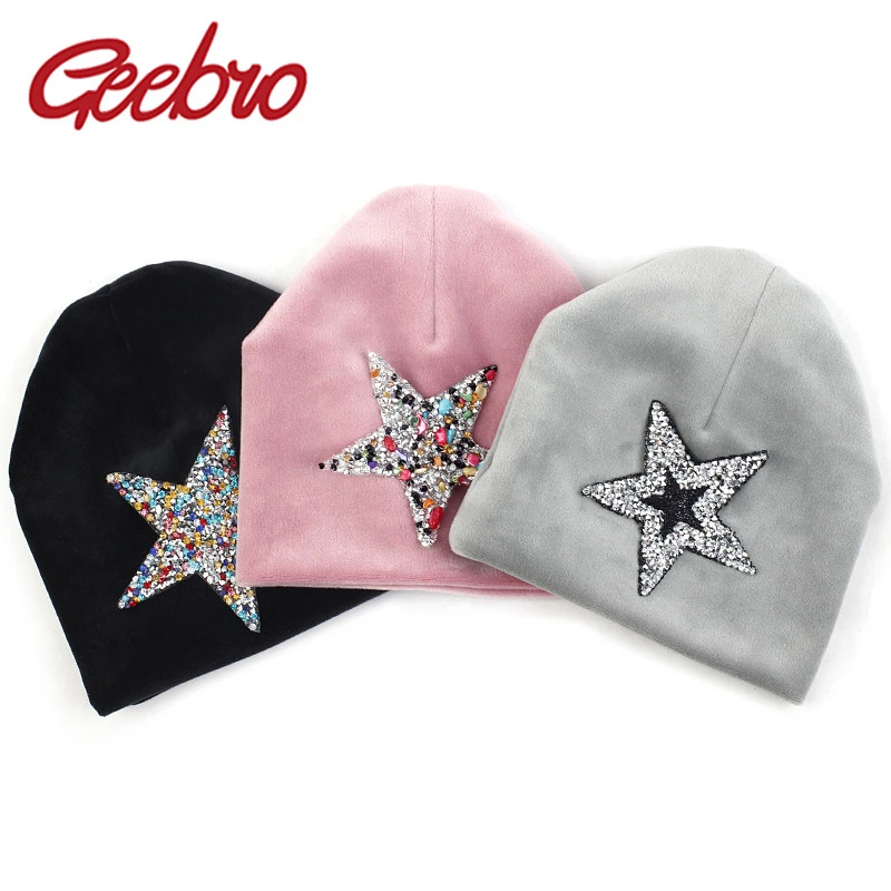 Geebro Autumn Winter Soft Thicker Velvet Newborn Baby Boys Girls Hats Beanie Infant Cute Rhinestones Star Hats Cap Newbron Gift