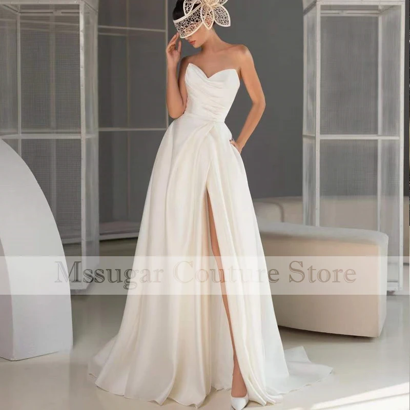 

2021 Elegant Simple Wedding Dress Sweetheart High Split Pleating A-line Bridal Gowns Robe de mariage