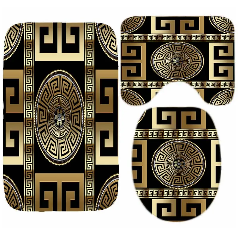 Luxury Black Gold Greek Key Meander Border Bath Rug Set Modern Geometric Ornate Bathroom Door Mat for Toilet Floor Carpet Decor