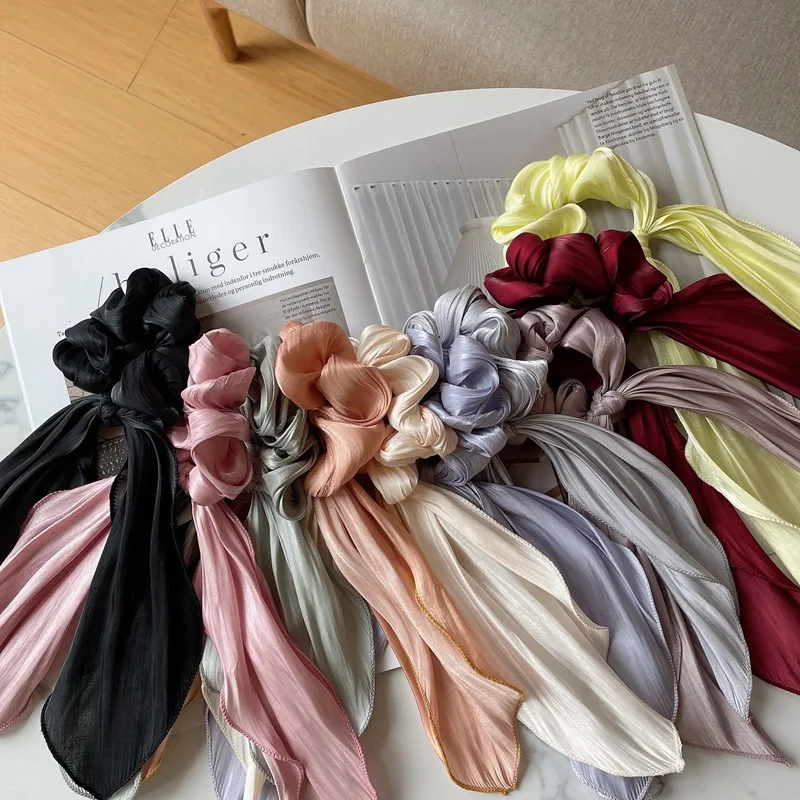 Satin Bow Long Ribbon Scrunchies Elastic Hair Bands Women Girls Ponytail Holder Hair Ties Solid Headband Hair Accessories