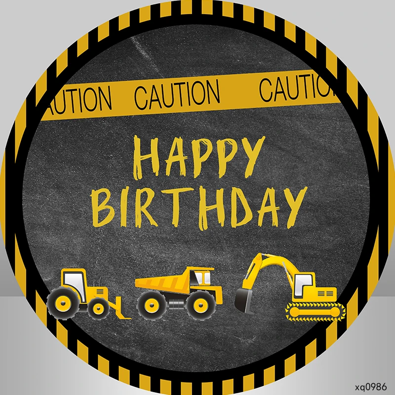 Construction Party Round Background Caution theme Custom Boys 1st Birthday Circle Backdrop Cylinder Covers Cake Table Banner