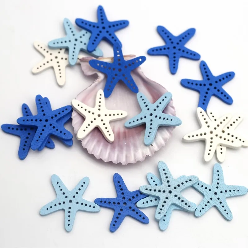 30mm Mix Wooden Starfish Flat-Back Button Handicrafts Easter Child Gift DIY Handmade Wedding Clothing Home Decor Supplies 50pcs