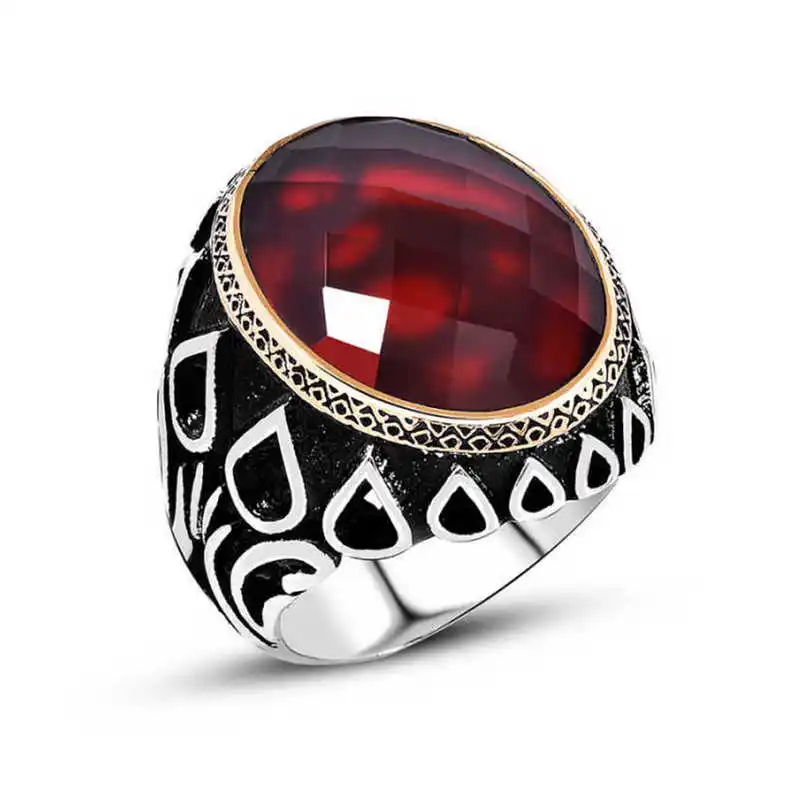 Silver Red Zircon Stone Men's Ring - 925 Sterling Men's Jewelry Wedding Birthday Gift - Box - Zircon Stone - Men - Fashion - Botiva - Size - Turkish - Patterned Embroidery