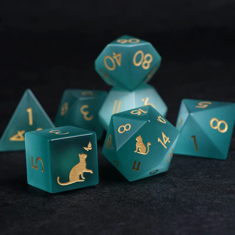 Green Cats Eye Polyhedral Dice Set Handmade Engrave Stone Kitten Paw Geometry Dice For DND RPG COC Borad Games D20 D12 Custom