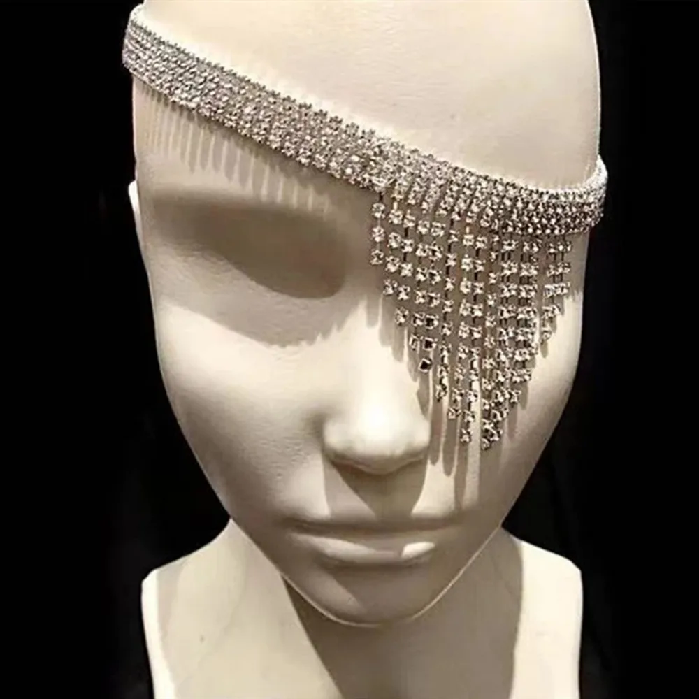 Bling Rhinestone Tassel Head Chain Cover Eyes Mask Party Jewelry for Women Luxury Crystal Hair Chain Headband Wedding Headpiece