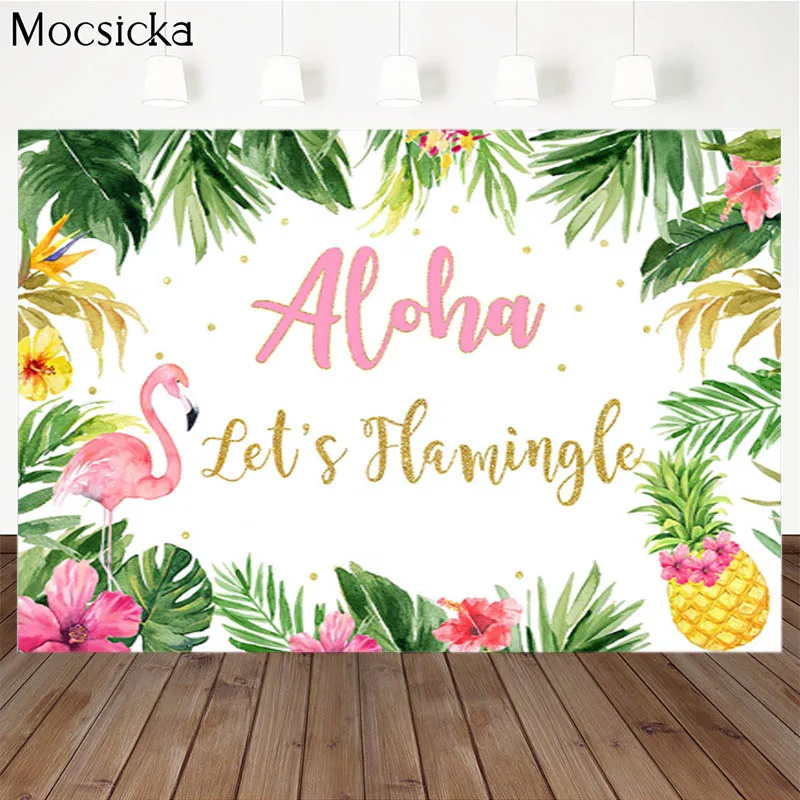 MOCSICKA Aloha Floral Birthday Party Background Hawaiian Flamingo Photography Background Beach Blue Sky White Clouds Banner