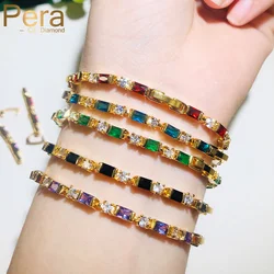 Pera Delicate Square Cut Red Cubic Zirconia Ladies Shiny Gold Color Thin Round Bangles Bracelets for Dinner Party Jewelry B162